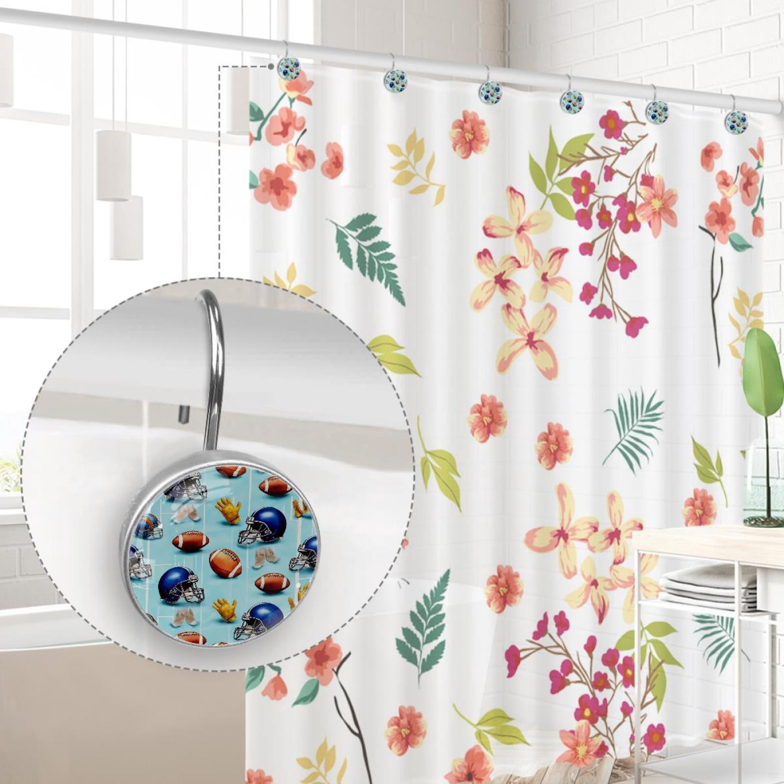 American Football Helmets Gloves Shower Curtain Hooks Round Crystal Glass, Set of 12 Shower Curtain Rings - Shower Hooks for Curtain Shower Rings