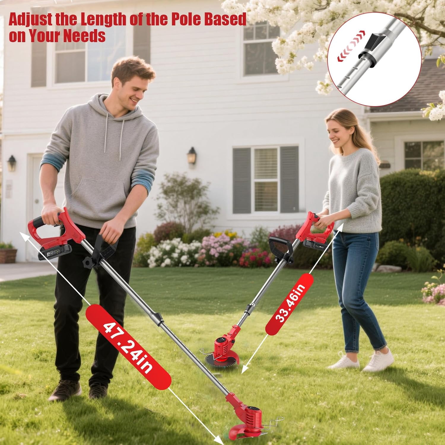21V Cordless Weed Wacker with 2 Batteries & Metal Blades, Adjustable Pole String Trimmer for Garden Lawn