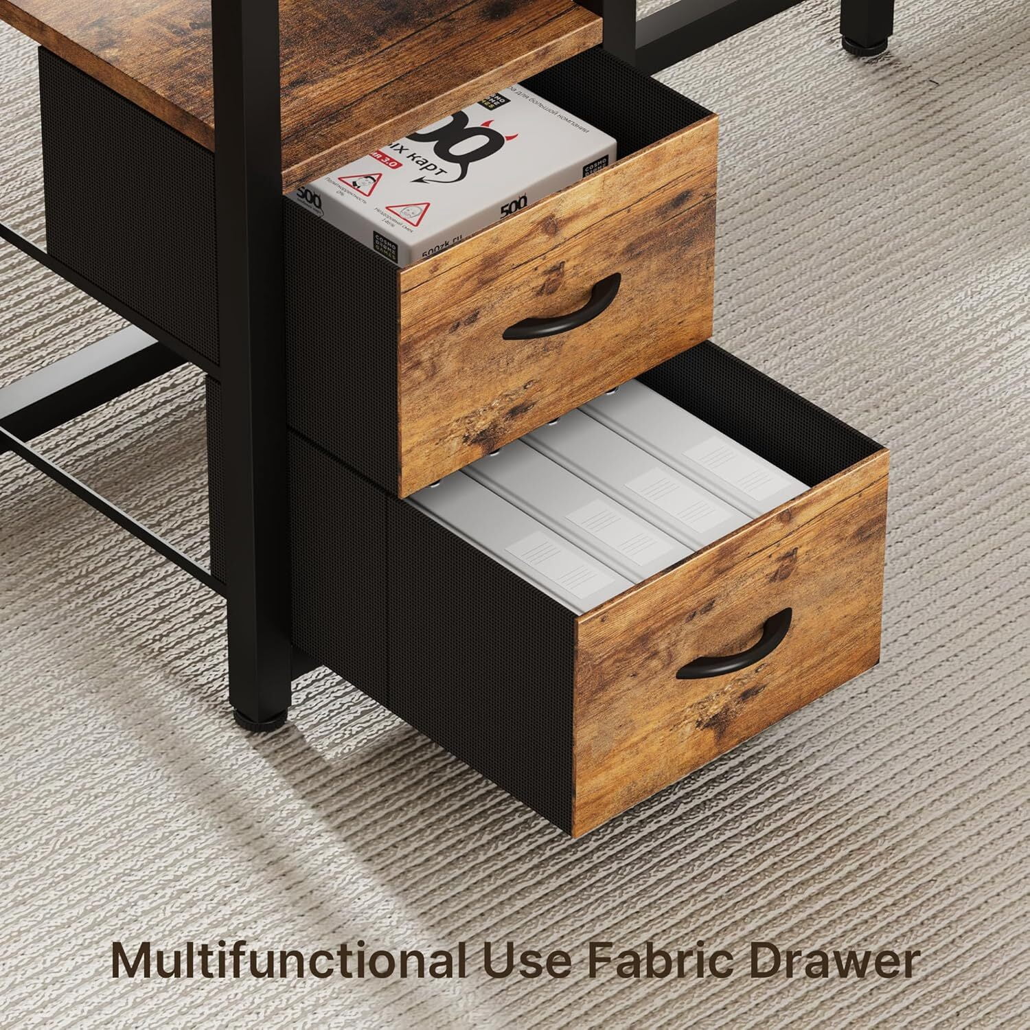 Asofer 66” L Shaped Desk with Drawers, Reversible Corner Computer Gaming Desk with Power Outlet, Rustic Brown