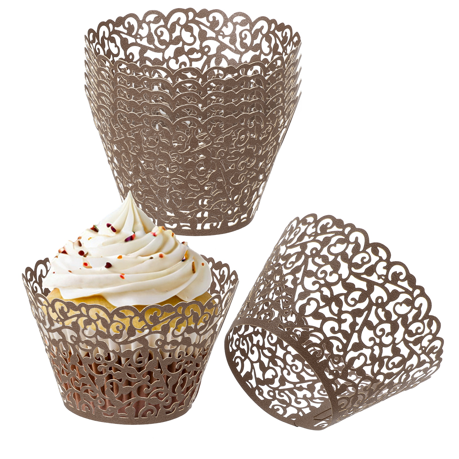 Uxcell Cupcake Wrappers Paper, 50 Pack Baking Cups Standard Vine Decoration for Anniversary Birthday Brown