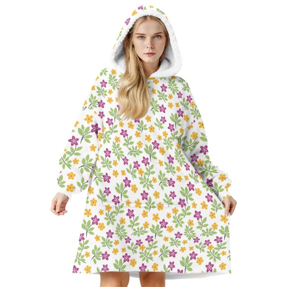 Wearable Lamb Fleece Blanket Hoodie,Pioneer Flower Floral Print Pattern Oversized Sherpa Blanket Hoodie with Super Pockets,Super Warm Fuzzy Pullover for Women & Men