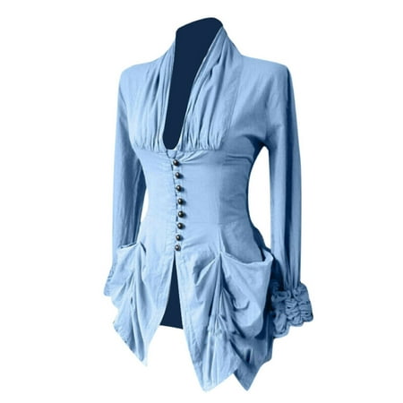 

Womens Sexy Deep Neck Tops Long Sleeve Renaissance Pirate Shirt Gothic Peasant Solid Ruched Corset Top Blouse