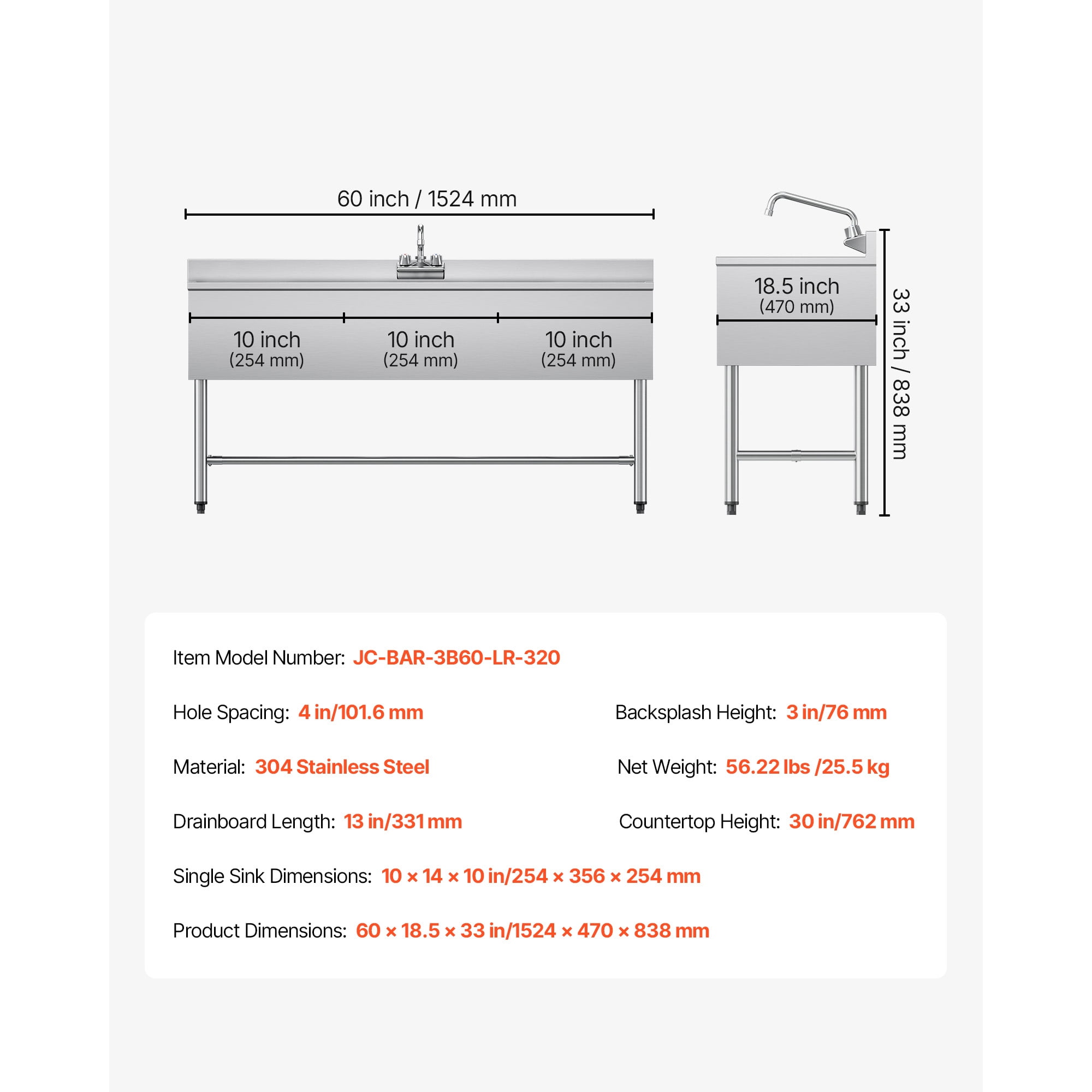 KFFKFF 3 Compartment Stainless Steel Sink, 18-Gauge 304 Material, 10" x 14" x 10" Bowls, Commercial Under Bar Sink with Dual Drainboards and Backsplash for Kitchen, Restaurant, Food Truck