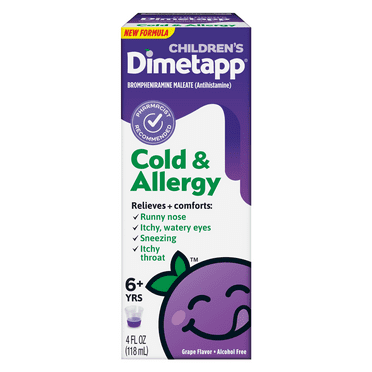 Children’s Dimetapp Fast-Acting Cold & Allergy Medicine, Antihistamine, Relieves Runny Nose, Sneezing, Itchy, Watery Eyes & Itchy Throat, Grape Flavor, Alcohol-Free, Phenylephrine-Free, 4 fl oz