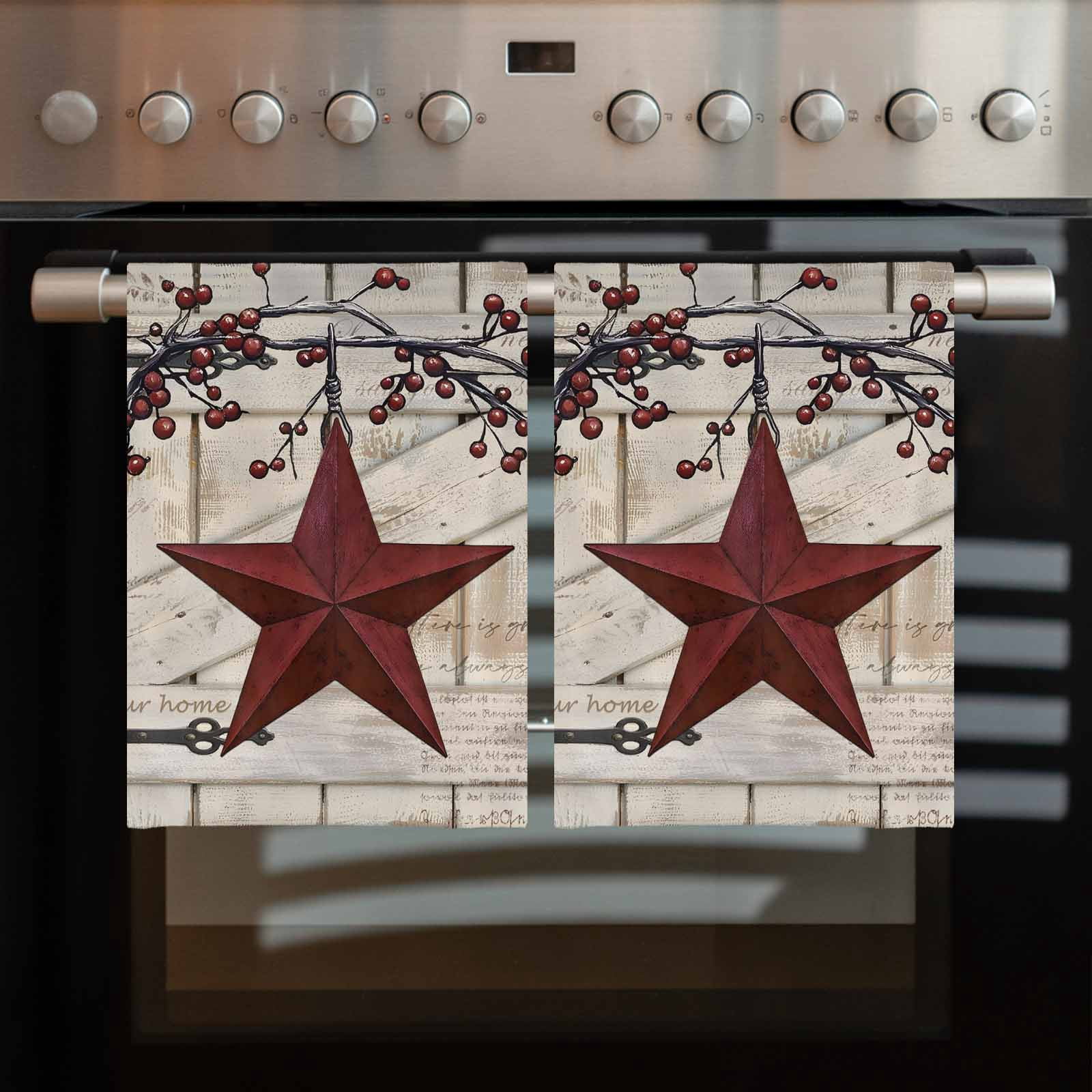 Texas Star Vintage Kitchen Towels Set of 2, Water Absorbent Dish Towel, Red Retro Berry Beige Wooden Decorative Hand Towels - Quick Drying Cloth for Cooking Baking, 18x28 Inch