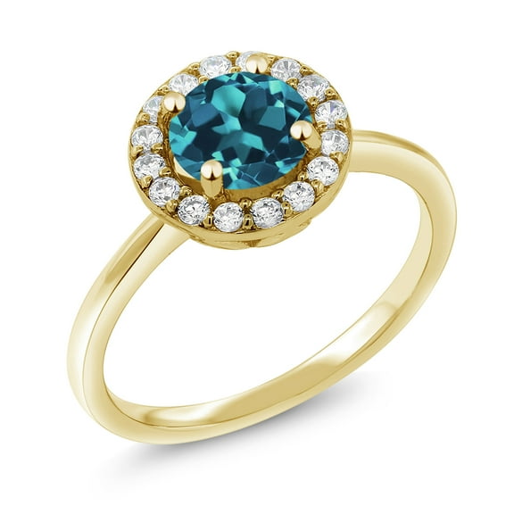 Gem Stone King 18K Yellow Gold Plated Silver London Blue Topaz and White Moissanite Halo Engagement Ring for Women (1.83 Cttw, Gemstone November Birthstone, Round 7MM, Size 5)