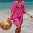 thumbnail image 3 of Traje de baño de gran tamaño para mujer, traje de baño para cubrir la playa, Tops de playa recortados con borla, rosa roja, 3 of 5