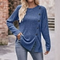 thumbnail image 4 of Pxiakgy Women's Solid Color Crew Neck Strip Brushed Slit Fashion Button T Shirt Long Sleeve Top Tunic Button Front Slit Blue2 + L, 4 of 8