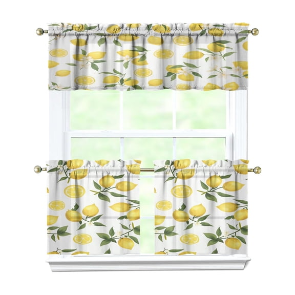Yellow Lemon Kitchen Curtains and Valances Set - 3 Piece Kitchen Curtains Sets with Valance for Windows Rod Pocket Machine Washable Kitchen Decor Decorations (54"x18" 2x27.5"x24")