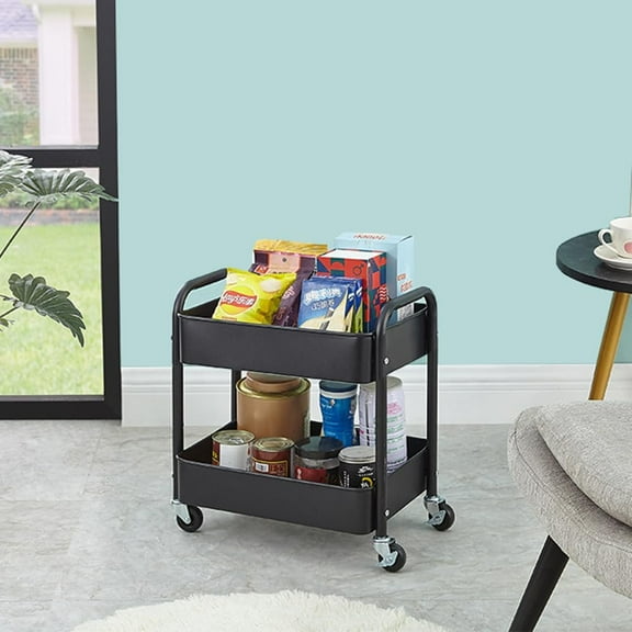 2 Tier All-Metal Rolling Storage Cart with Handle and Locking Wheels - Black Kitchen, Laundry, Office Organizer