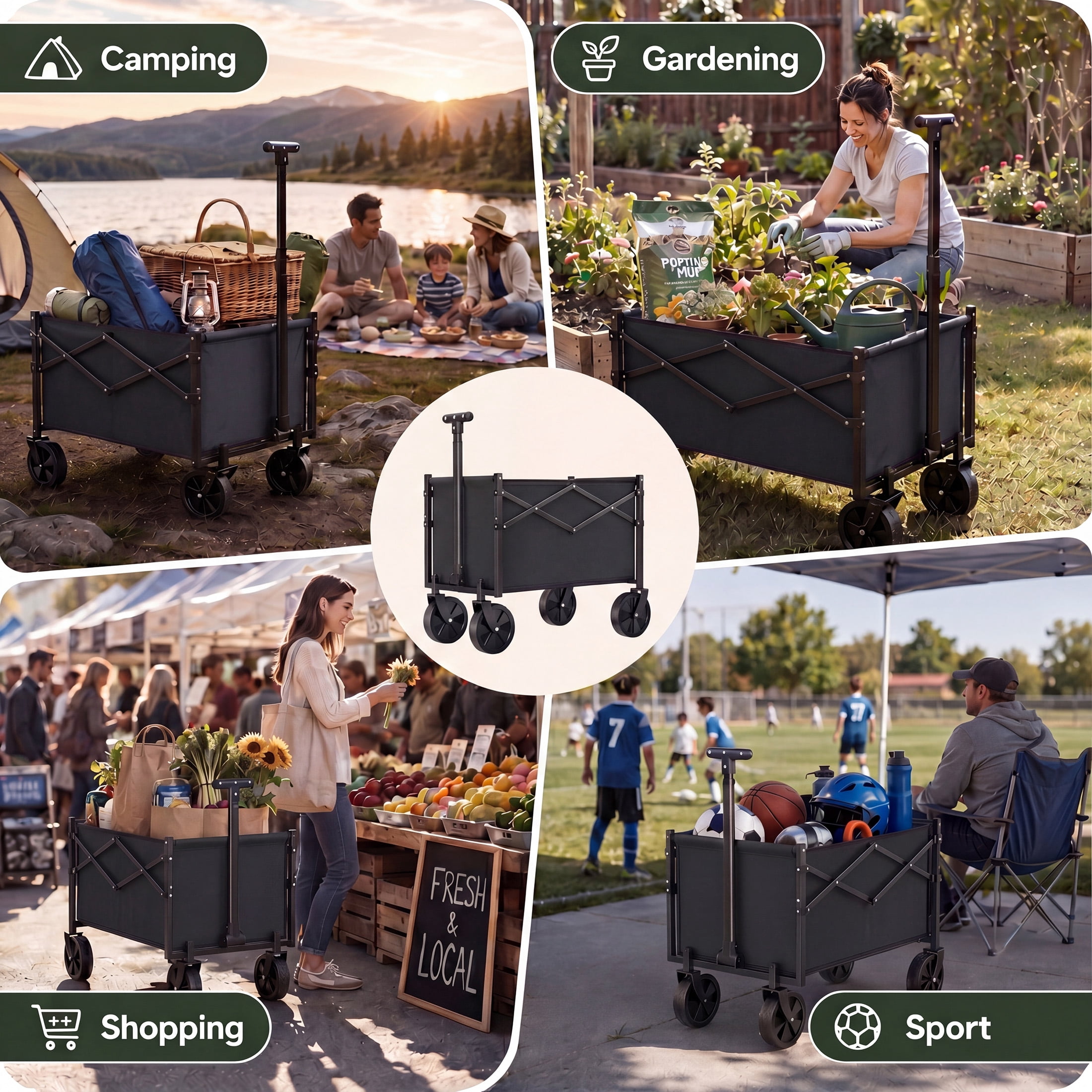 SHOUFTW Folding Wagon Cart, 220 lb Capacity Collapsible Utility Wagon with All-Terrain Wheels & Adjustable Handle, Black