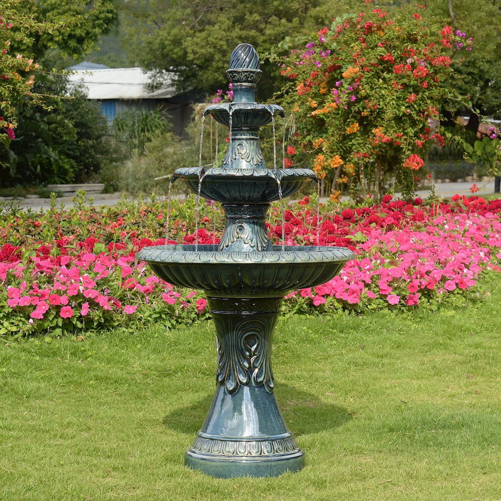 3 Tier Ceramic Fountain - Serene Blue Beauty, No Lights