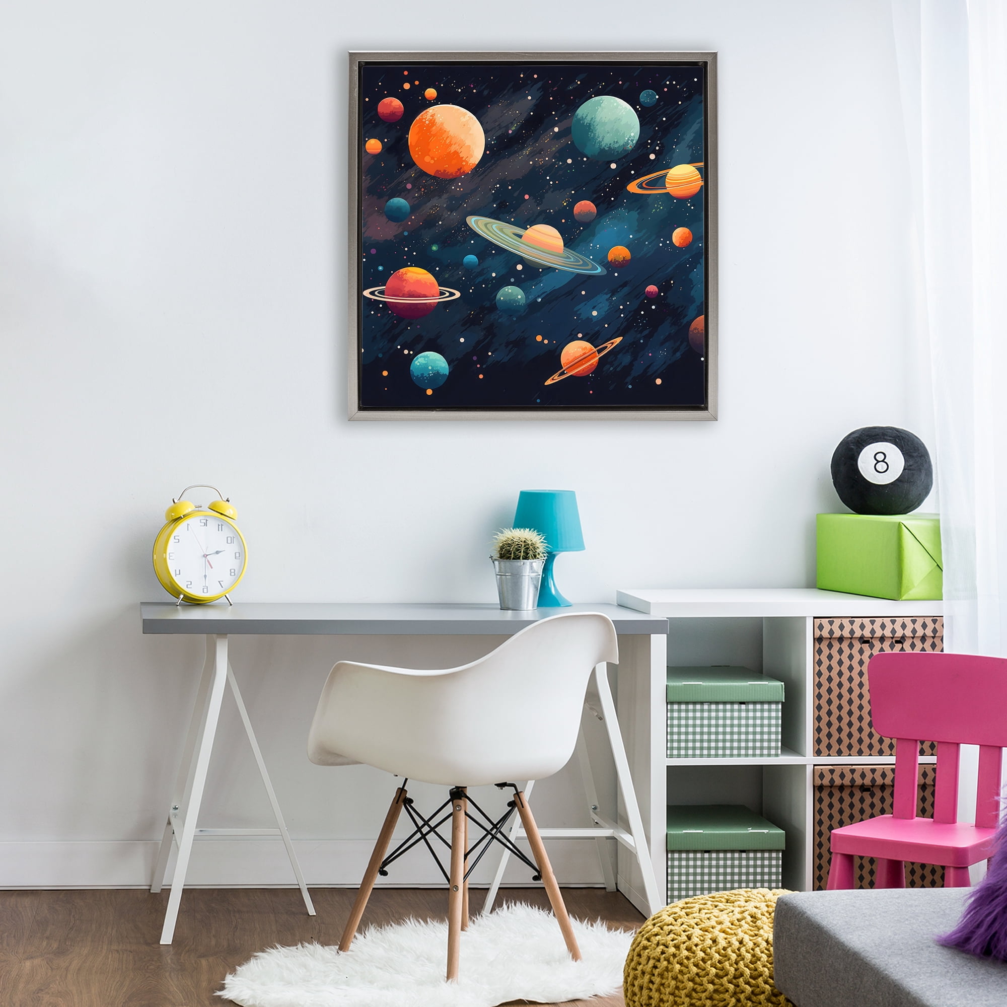Stupell Industries Orange & Blue Planets in Orbit Gray Framed Floater Canvas Wall Art, design by Creative Studio