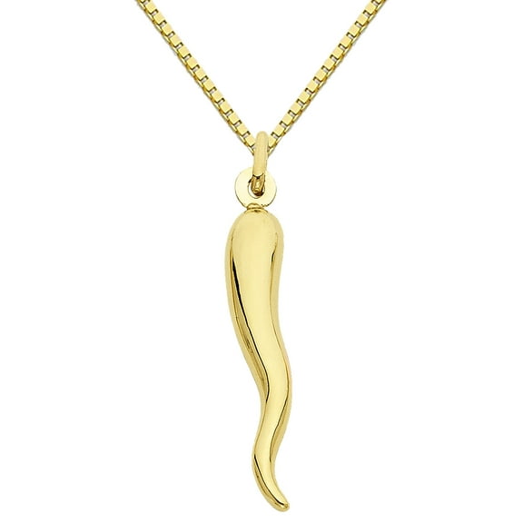 Precious Stars 14k Yellow Gold Unisex 1-13/16 inch Cornicello Italian Horn Pendant with 0.8mm Box Chain