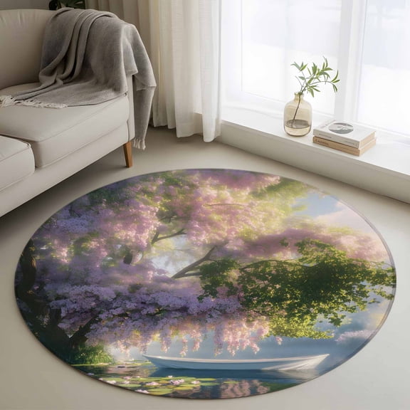 Round Area Rug 4 Ft, Forest Flowers Washable Non-Slip Circle Carpet for Living Room/Bedroom, Pink Green Oil Painting Lake Boat Cabin Low-Profile Crawling Mats Collection Rugs for Indoor