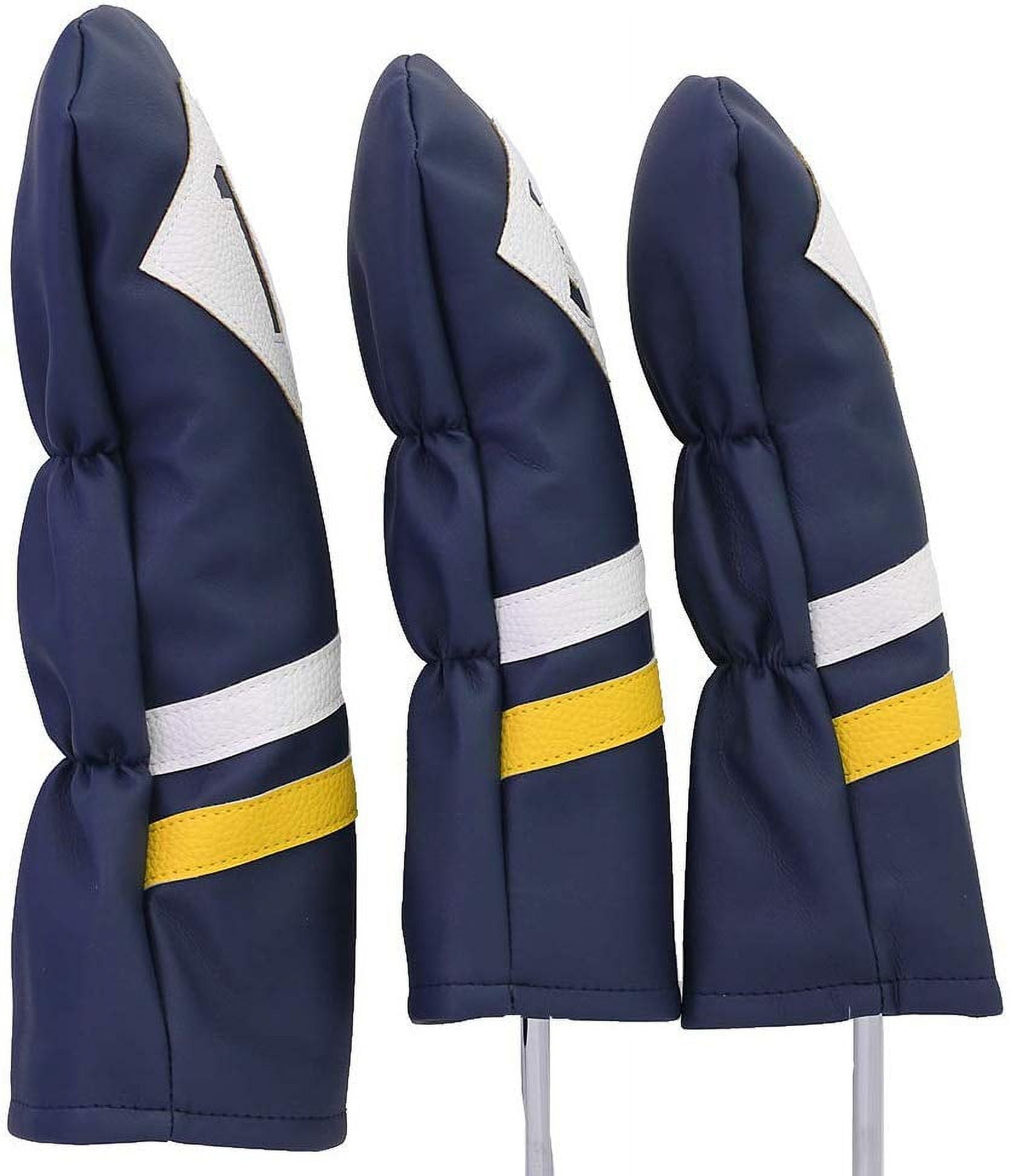 Majek Retro Golf Headcovers Blue White and Yellow Vintage Leather Style 1 3 5 Driver and Fairway Head Covers Fits 460cc Drivers Classic Look
