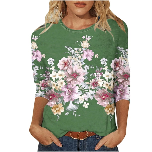 Camisetas de Manga Corta para las Mujeres Retro Cuello Redondo Pascua Impreso Suelto Top, Ligero Poliéster 3/4 Camiseta de Manga para el Desgaste Casual, Diario Y de Primavera