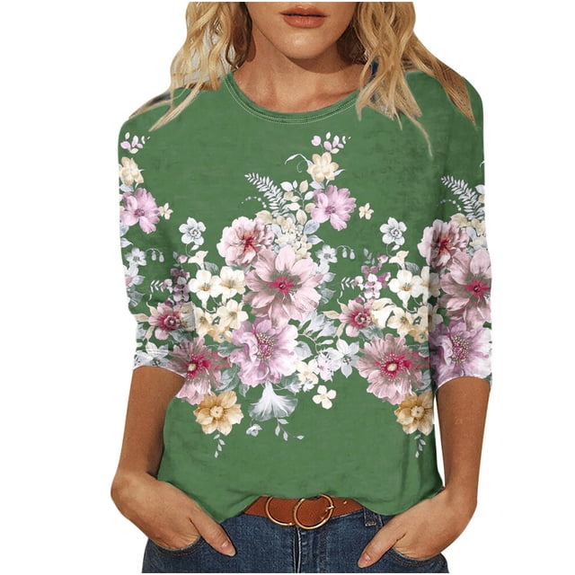 Camisetas de Manga Corta para las Mujeres Retro Cuello Redondo Pascua Impreso Suelto Top, Ligero Poliéster 3/4 Camiseta de Manga para el Desgaste Casual, Diario Y de Primavera