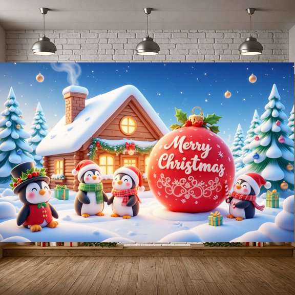 Penguin Design Merry Christmas Banner Red Theme Christmas Display Snowflake Pattern Festive Holiday Backdrop for Christmas Party Indoor Celebration Family Gathering