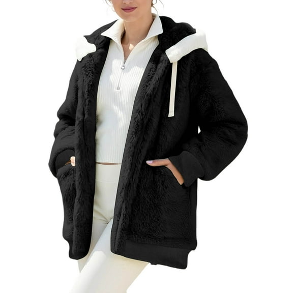 Homenesgenics Plus Size Winter Coats for Women Fleece Faux Fur-Lined Jacket Hooded Patchwork Jacket Teddy Coat Outerwear with Pocket Black S