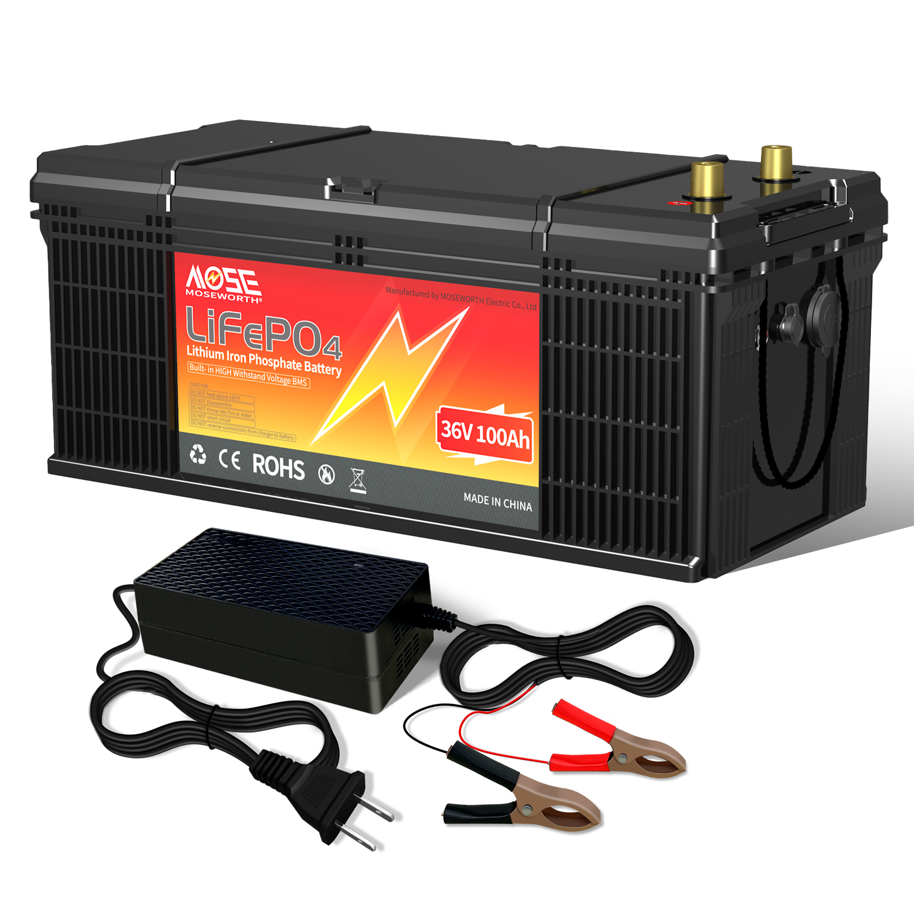36V 100Ah LiFePO4 Battery,200A BMS,MOSEWORTH for Golf Carts,RV,Marine,Trolling Motor,Solar,Camping,Boat,15000+Deep Cycles Battery with a Charger
