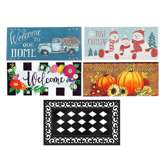 Evergreen Indoor Outdoor Doormat Bundle Set of 5 - Frame and 4 Welcome Seasonal Inserts Pumpkins Blue Truck Welcome Snowmen