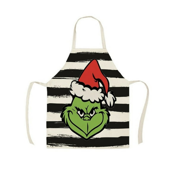 Christmas Theme Printed Kitchen Apron, Cotton And Linen Stripe Cartoon Merry Xmas Apron For Holiday Party Supplies