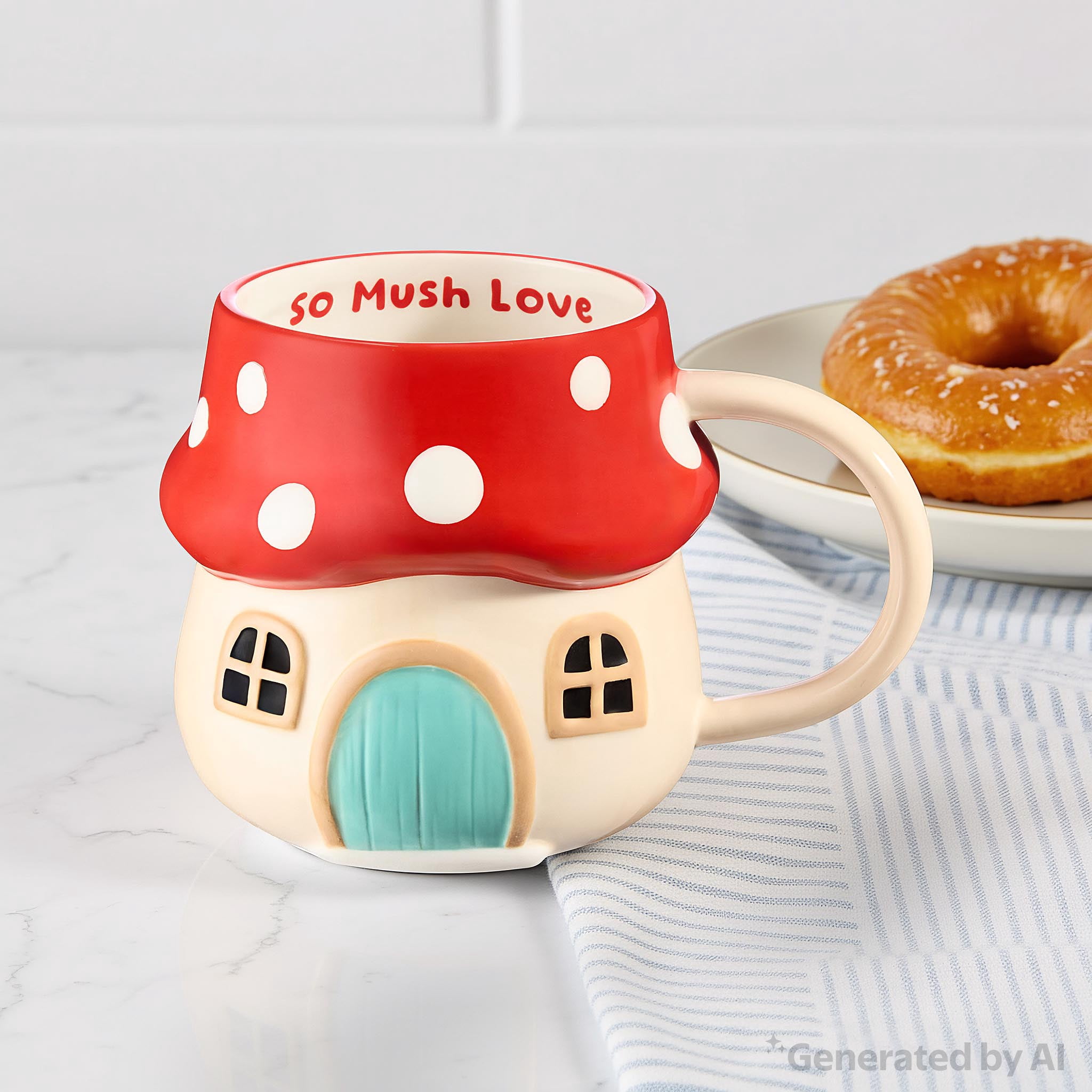 (4 pack) Mainstays 17.25 oz Red & Beige Mushroom Earthenware Mug