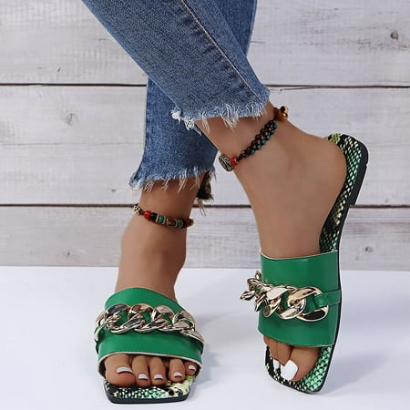 

Women s Ankle Strap Low Wedge Sandal Square Toe Metal Chain Flip Flop Flat Sandals 134