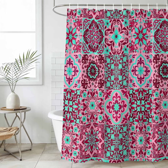 Vintage Middle Century Shower Curtain Set, Waterproof Shower Curtains for Bathroom, Abstract Bohemia Style Aztec Pink Washable Fabric Cloth Bath Curtain for Bathtub Decoration with Hooks 72x78 Inches