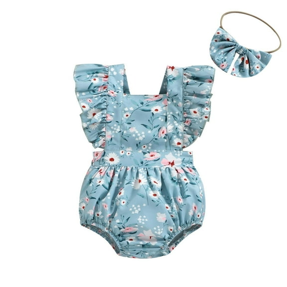 Odeerbi Baby Bodysuit Layette Set Onesie for Toddler Girls 2025 Fashion Cute Flowers Print Ruffles Flying Sleeve Romper Bow Headdress Suit Blue