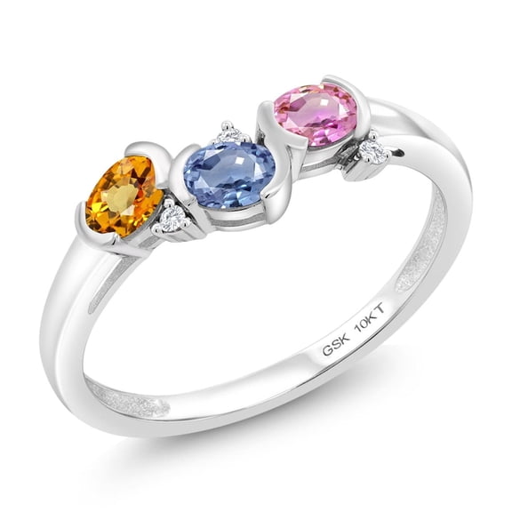 Gem Stone King 10K Solid White Gold Pink Yellow and Blue Sapphire Anniversary Band Ring for Women | 0.70 Cttw | Fine Jewelry Gifts for Her Mom Women Wife (Size 8)