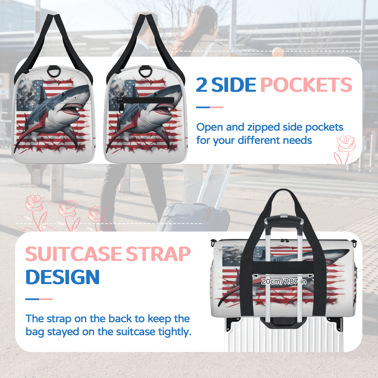 Herdesigns Shark American Flag Gym Bag for Women, Duffle Bag for Travel Sport, Lightweight Waterproof Carry on Weekender Overnight Dance Yoga Workout Bags