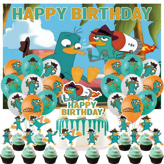 32 Piece For Perry the Platypus Cartoon-Themed Party Decoration Set – Includes Backdrop, Cake Topper, 18 Balloons, and 12 Cupcake Toppers for Festive Celebrations