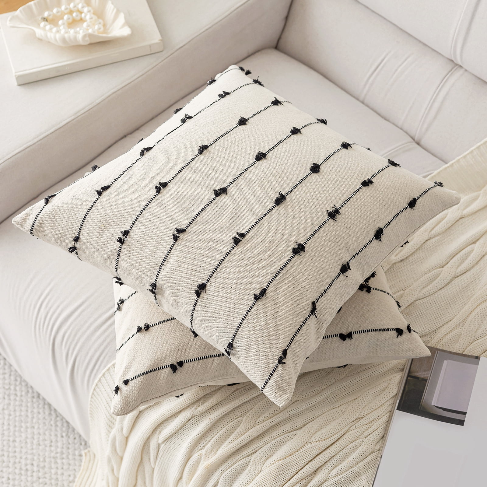 Skodaer Boho Throw Pillow Covers 20"x20" Set of 2 Modern Farmhouse Decorative Cushion Case Tufted Square Pillows Cover Neutral Pillow Cases Accent Pillowcase for Sofa, Couch, Bed,Black