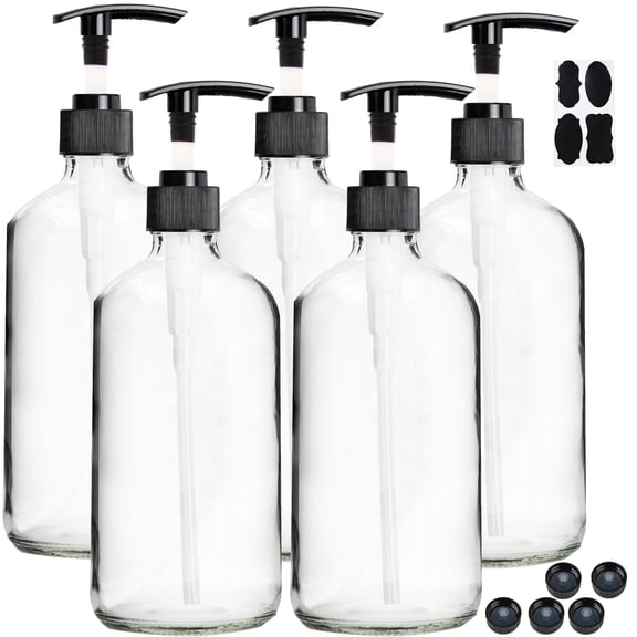Youngever 5 Pack Empty Clear Glass Pump Bottles 8 Ounce Pump Bottles Refillable Containers for Essential Oils, Cleaning Products YE822.129