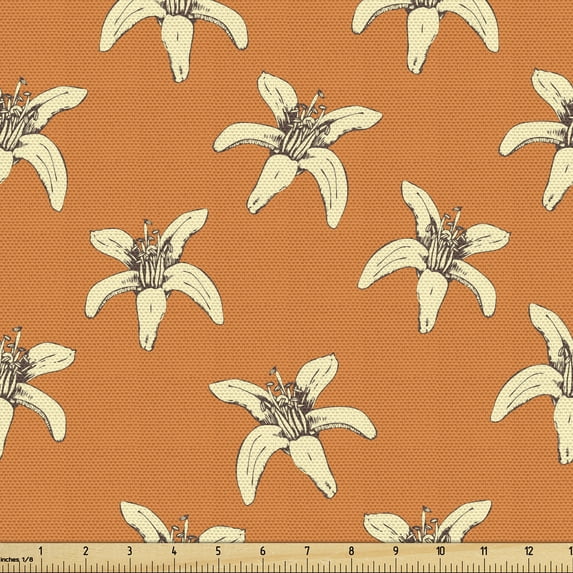 Floral Fabric by the Yard, Pastel Flowering Lily Blossoms Botanical Shabby Petals Gardening Beauty, Upholstery Fabric for Dining Chairs Home Decor Accents, Dark Orange and Cream by Ambesonne