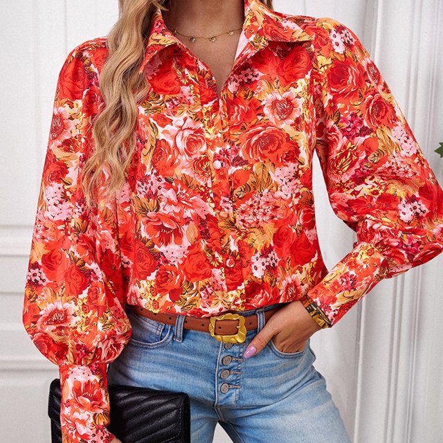 Camisa Superior Blusas femeninas Tops Casual Impreso Elegante Cómodo Turndown Collar Streetwear Traje Cgtredaw L Rojo para Mujer