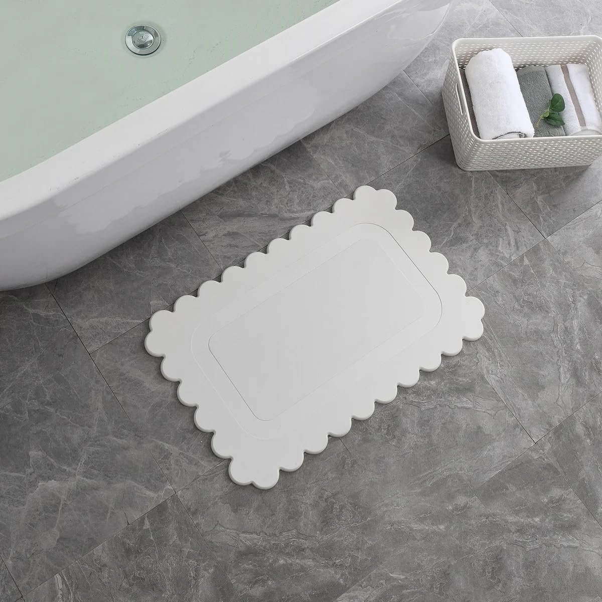 J&V TEXTILES Stone Bath Mat Diatomaceous Earth Shower Mat Non-Slip Super Absorbent Diatomite Stone Mats for Bathroom Floor Quick-Drying Easy to Clean 24''15'' Grey Scallop Stone