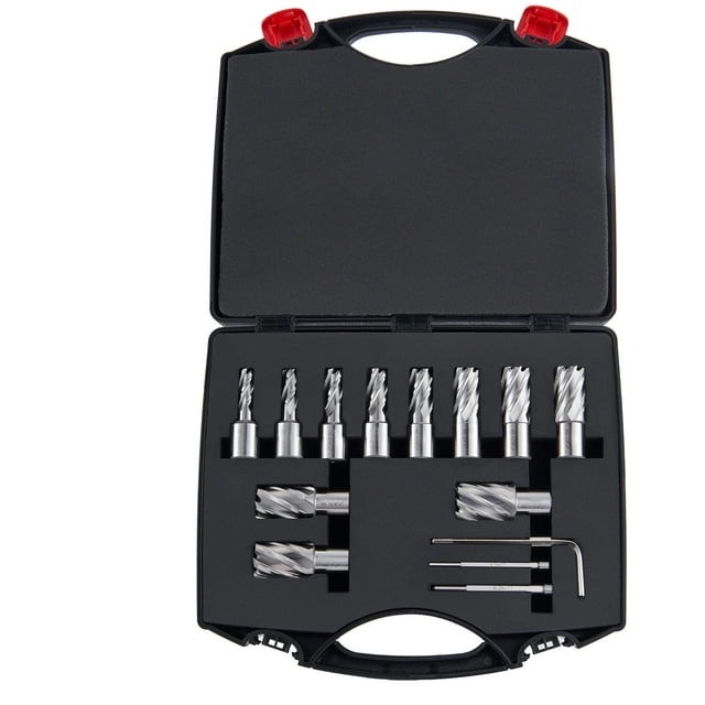 KFFKFF Circular Cutter Kit, Collection of 13 Weldon Shank Magnetic Drill Bits, Cutting Diameter Ranging from 7/16" to 1-1/16", 1" Cutting Depth, Crafted from M2AL HSS, Includes 2 Guide Pins