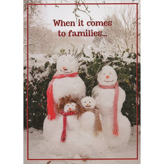 RSVP Family of Four Snowmen with Scarves in Front of Hedge Christmas Card for Relative