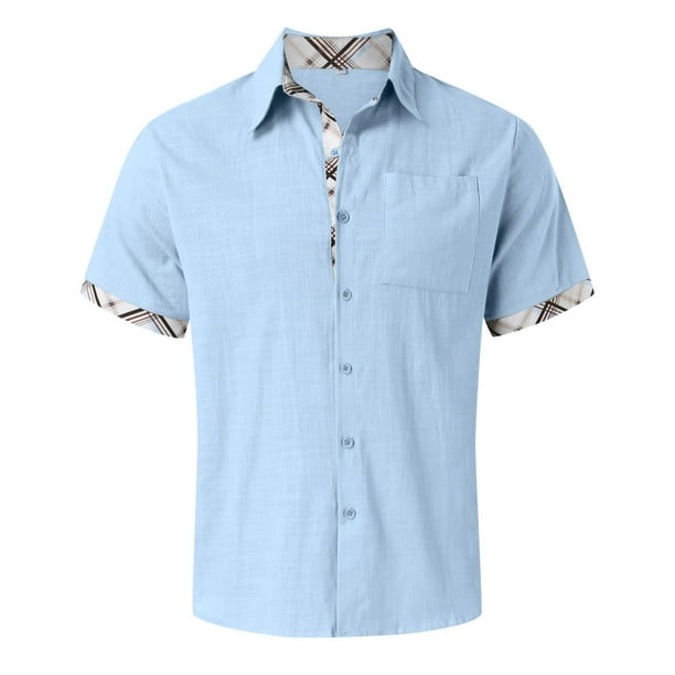 Camisas De Lino Para Hombre Camisa de vacaciones en la playa Camisa de cardigan de manga corta Camisa de solapa en contraste con botones en los punos para hombre Blue L