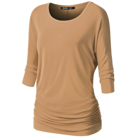 - Thanth Womens Dolman Sleeves Boat Neck Solid Shirring Drape Basic Tunic Top