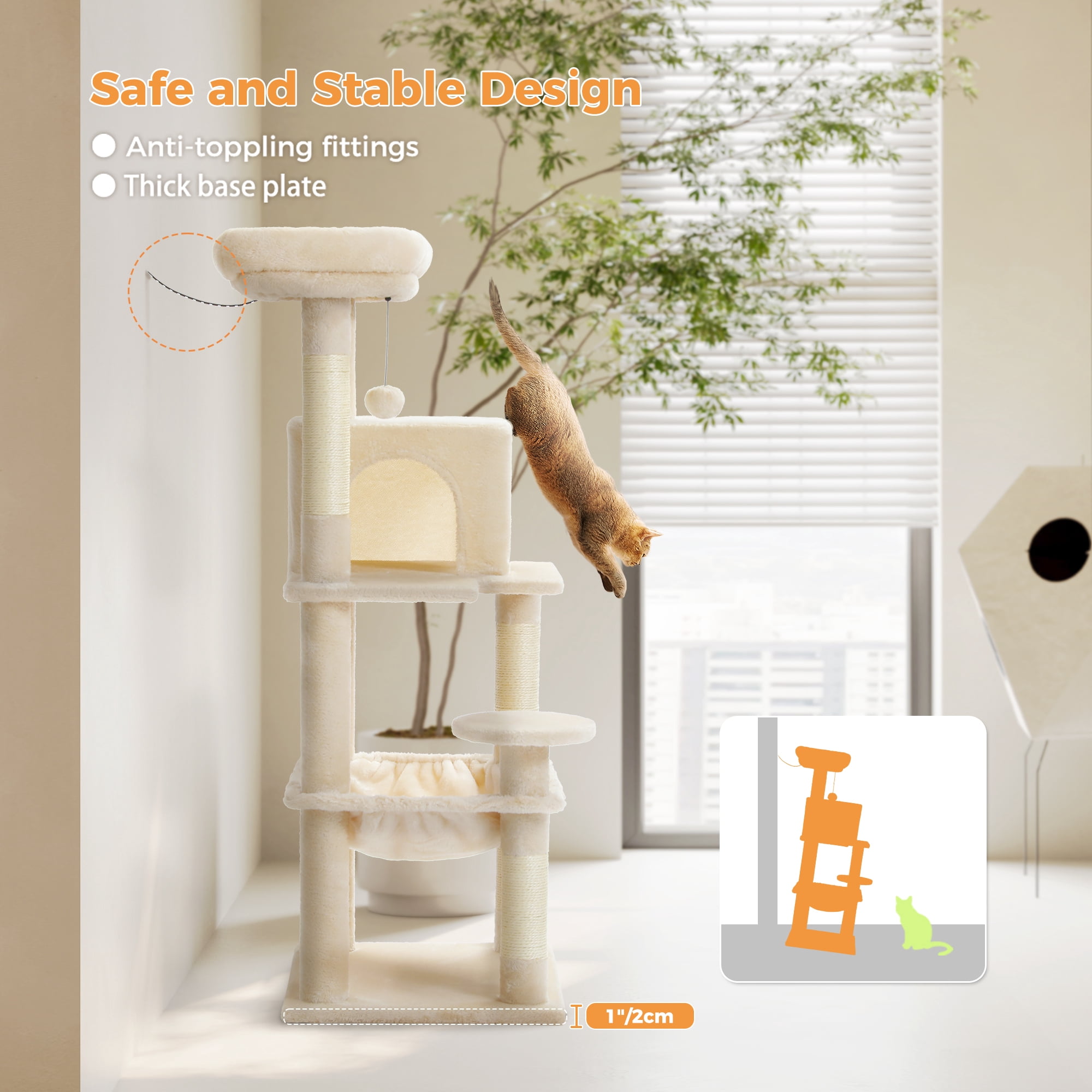 PEQULTI 45.7" Multi-Level Cat Tree Large Cat Tower Indoor with Condo and Hommock Dark Beige