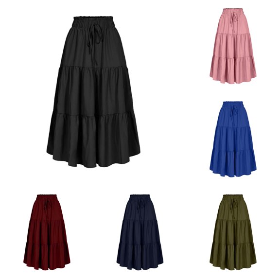 XIAONU Tiered Midi Skirt For Women Elastic Waist Drawstring Casual Flowy A Line Skirt