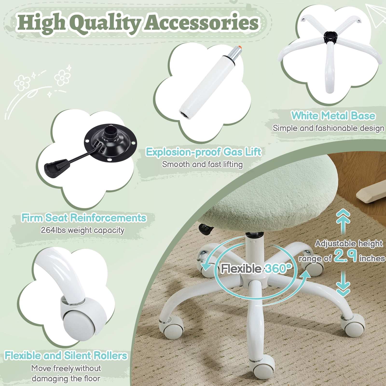 Ktaxon Vanity Makeup Chair Comfy Cute Accent Chair Small Swivel Task Office Chair with Wheels Faux Rabbit Hair Green