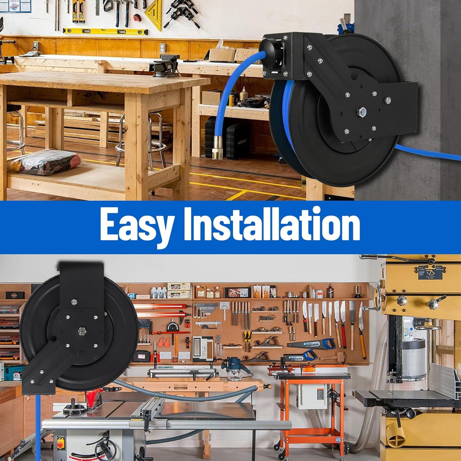 Air Hose Reel Retractable 50 Ft, Max 300PSI Air Compressor Hose Reel, Auto Rewind 3/8inch 50ft Hybrid Hose, Ceiling/Wall Mount Heavy Duty Industrial Steel Reel With Swivel Bracket