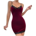 thumbnail image 3 of Feancey Womens Elegant Nightgowns Velvet Sleeveless Cami Sleep Dress Lace V-neck Mini Nightdress Slim Fit Casual Soft Sleepwear Limited Time Sales Wine M, 3 of 5