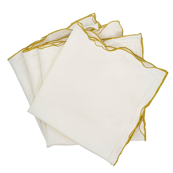 Linen Napkins With Gold Ruffled Hemstitch Edges, Set of 4