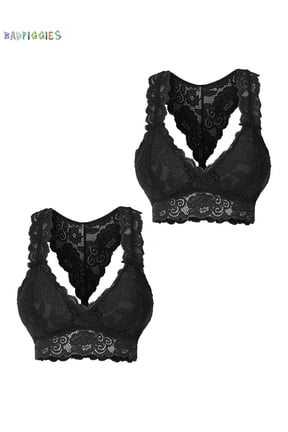 BadPiggies 2-Pack Women Plus Size Vest Crop Wire Free Bra Lace Lingerie Sexy V-Neck Underwear (S/M, Black)